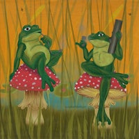 two frogs sitting on top of a mushroom