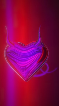 a purple heart with horns on a red background