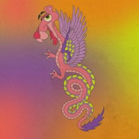 a pink dragon with wings on a colorful background